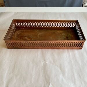 Vintage Copper Tone Metal Filligree Cut Vanity Display Tray 13.25 x 6.75 x 2"